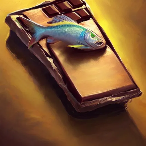 Prompt: a fish laying on top of a chocolate bar. soft, atmospheric, warm lighting. highly detailed digital painting by mandy jurgens.