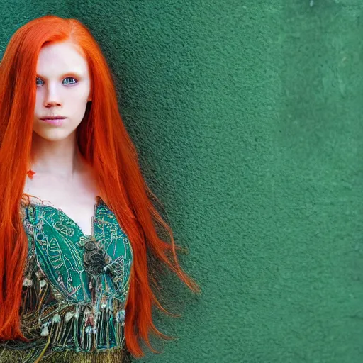 Image similar to full body detailed shot of a beautiful red haired woman with a beautiful face, green eyes high detail, intricate clothing, looking at the camera, dreamy background