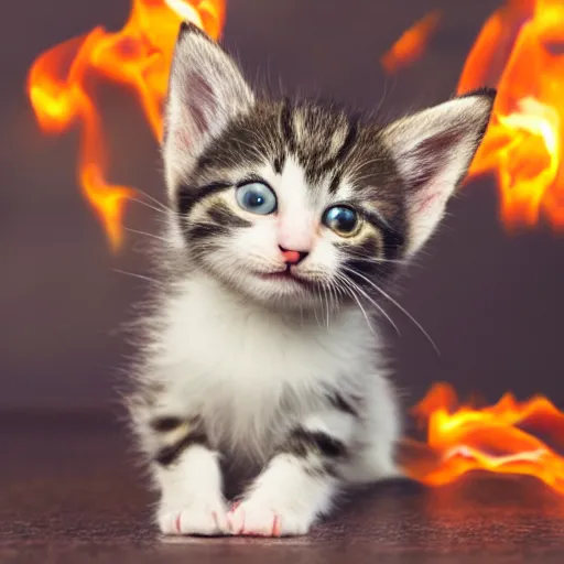 Prompt: a kitten using headphones exited with flame explosion on it's corner,