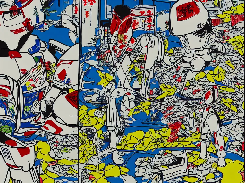 Image similar to detailed close - up image of the japanese home with a garden, stormtrooper in hot springs, pop - art style, jacky tsai style, andy warhol style, roy lichtenstein style, rich palette, acrylic on canvas