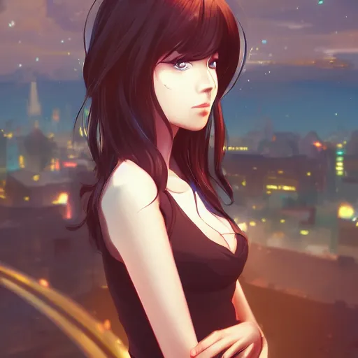 Image similar to a beautiful woman with a hime haircut, dark brown hair and tan skin, dark brown eyes, city landscape, 4k, anime key visual, lois van baarle, ilya kuvshinov, rossdraws, artstation