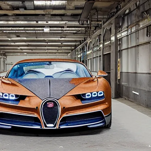 Image similar to an abandoned, derelict, rusty bugatti chiron in a dirty warehouse