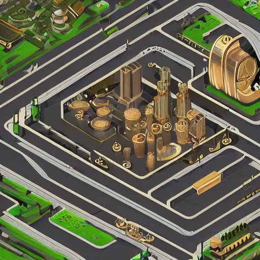 Prompt: Brass city, isometric view, clockwork, industrial, cRPG concept art