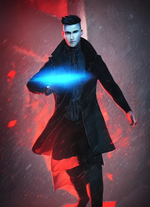 Image similar to An epic fantasy comic book style portrait painting of a young man with black undercut haircut, wearing black overcoat, red clothes, blue jeans. Unreal 5, DAZ, hyperrealistic, octane render, cosplay, RPG portrait, dynamic lighting