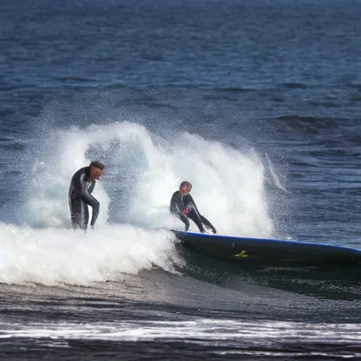 Image similar to 2 person surfing on wave made of cosmic dust