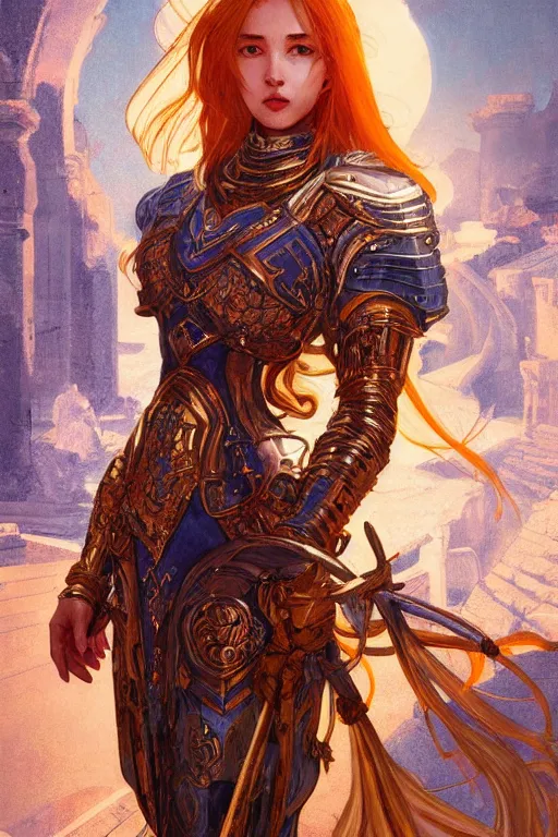 Prompt: portrait knights of Zodiac girl, metalic orange and dark blue reflected armor, in ruined Agora of Athens, ssci-fi, fantasy, intricate, very very beautiful, elegant, golden light, highly detailed, digital painting, artstation, concept art, smooth, sharp focus, illustration, art by tian zi and WLOP and alphonse mucha