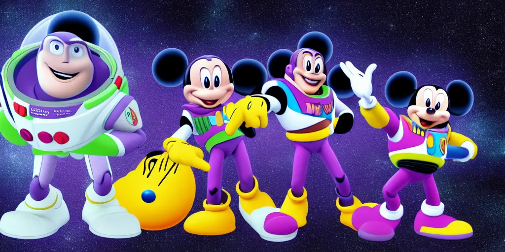 Image similar to mickey face, buzz lightyear body, space background, cinematic