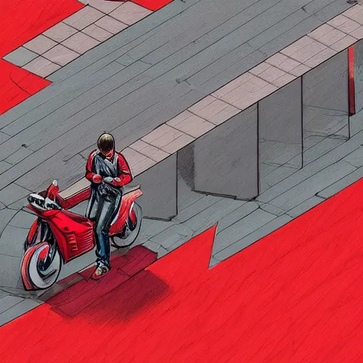 Image similar to man with a red jacket walking toward a red futuristic racing motorbike, isometric view, ink drawing, panoramic view, wide angle, ultra realistic, intricate details, cyberpunk, ultra detailed, sharp focus, trending on artstation