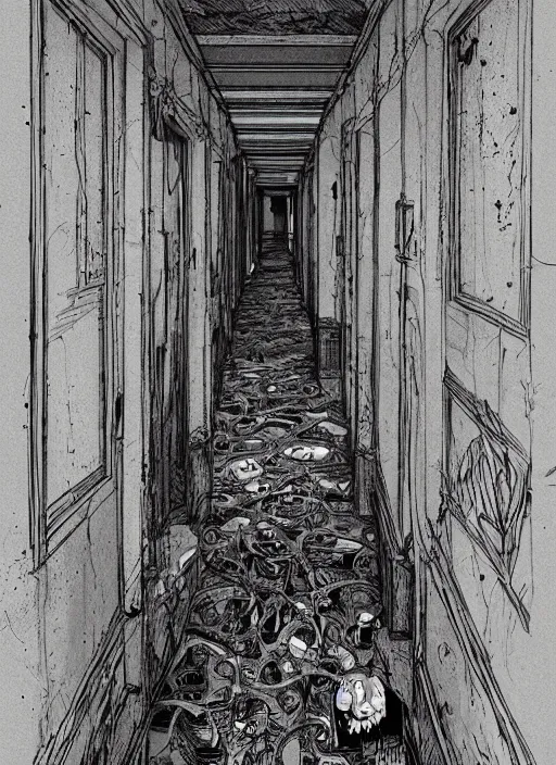 Image similar to interior of a haunted school corridor with ghots, art style by kim jung gi, au naturel, hyper detailed, digital art, trending in artstation, behance, deviantart