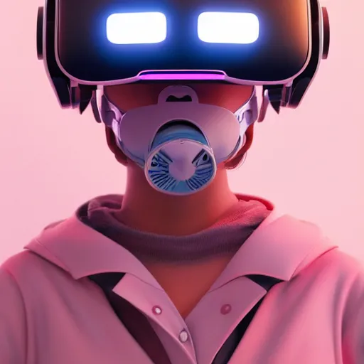 Image similar to intense futuristic bespoke vr headset respirator on a set of twin ninja hypebeasts, by ilya kuvshinov and james jean and sorayama and ikeuchi and hiroya oku and gilleard james, artstation trending, 8 k, 3 d render, photorealistic, volumetric lighting caustics, pink