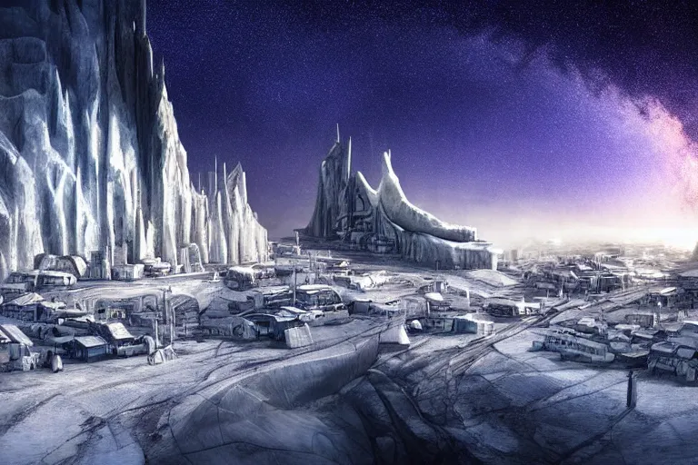 Image similar to favela twisting spaceship cathedral, snowy arctic environment, industrial factory, cliffs, peaks, bright, milky way, award winning art, epic dreamlike fantasy landscape, ultra realistic,