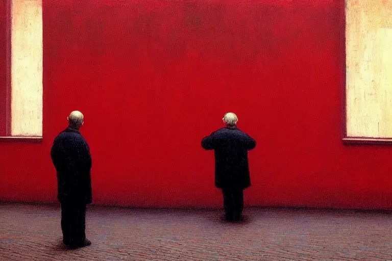 Image similar to only with red, a red old man try to sell a portrait, cheering crowd, in a old city square, in the style of beksinski, parts by edward hopper, parts by rodcenko, parts by yue minjun, intricate and epic composition, red by caravaggio, insanely quality, highly detailed, masterpiece, red light, artstation, 4 k