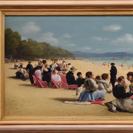 Image similar to crowd of rich people on a private beach chilling in the style of Emanuel Witz, Swiss painter, restored