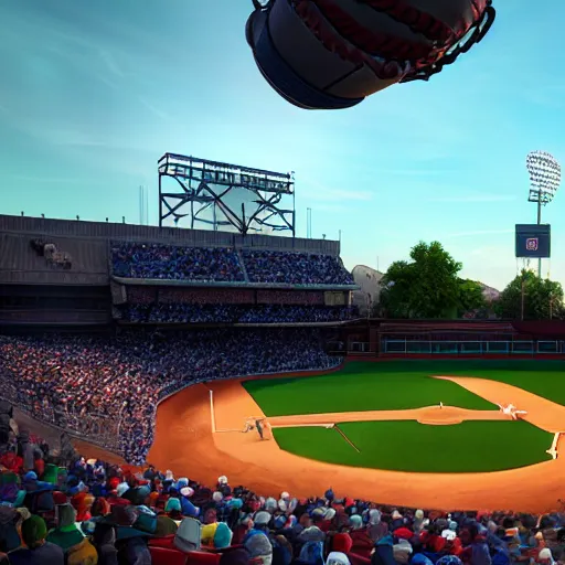 Image similar to disney pixar render of an aberration in the fabric of reality above a little league baseball game, tearing reality apart, everyone looks up at the sky, cinematic lighting, octane render 8 k