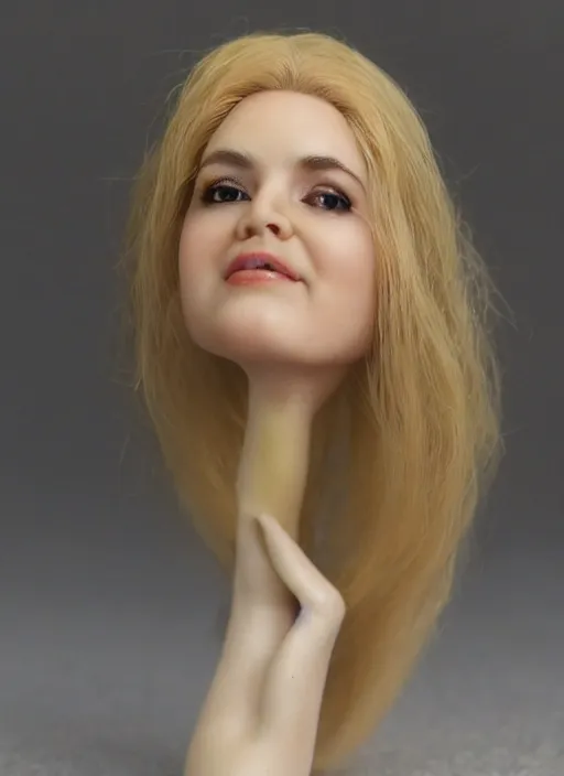 Prompt: 80mm resin detailed miniature of a beautiful chubby mature lady, clothed in white, olive skin, long blond hair, beautiful bone structure, symmetrical facial features, Product Introduction Photos, 4K, Full body