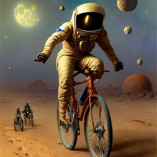 Image similar to a squid riding bicycle on the moon. highly detailed painting by gaston bussiere, greg rutkowski, j c leyendecker 8 k