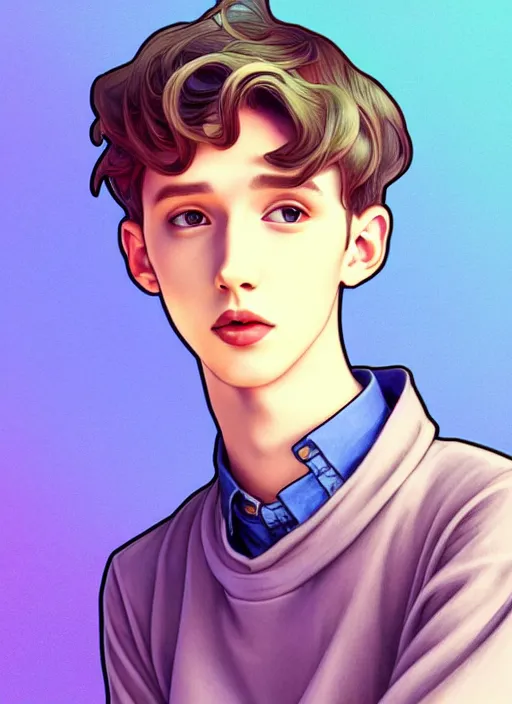 Image similar to cute troye sivan trading card design, natural lighting, path traced, highly detailed, high quality, digital painting, by don bluth and ross tran and studio ghibli and alphonse mucha, artgerm