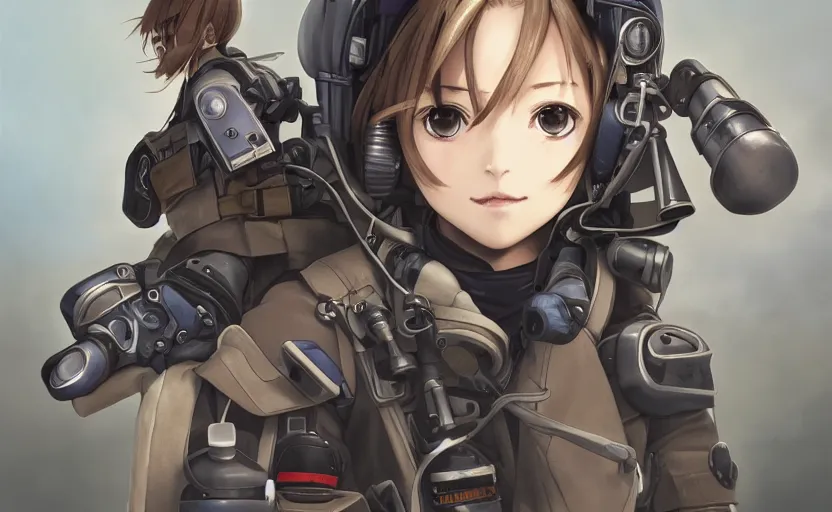 Prompt: pilot girl, cyborg aircraft parts, anime style, vintage pilot clothing, shoulder eyes, last exile anime, hair down, symmetrical facial features, from arknights, hyper realistic, 4 k, rule of thirds, extreme detail, detailed drawing, trending artstation, realistic lighting, by alphonse mucha, greg rutkowski, parachute backpack