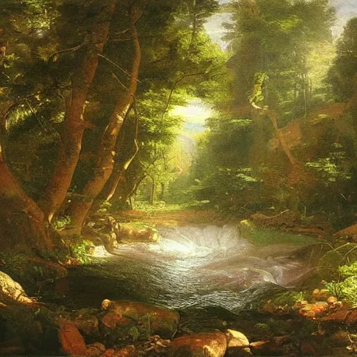 Prompt: There is a stream flowing through a peaceful forest. The sun shines through the trees, dappling the ground with light. The stream babbles gently. An oil painting by Thomas Cole