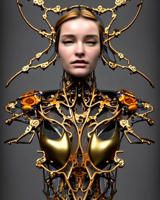 Image similar to uhd 3 d render, stunningly beautiful young teen angelic alluring biomechanical female cyborg with an obsidian profile face, rim light, big floral petals and stems, roots, fine foliage, lace, alexander mcqueen, art nouveau fashion embroidered collar, dieselpunk, gold filigree details, hexagonal mesh wire, ifs reflection, elegant, artstation trending