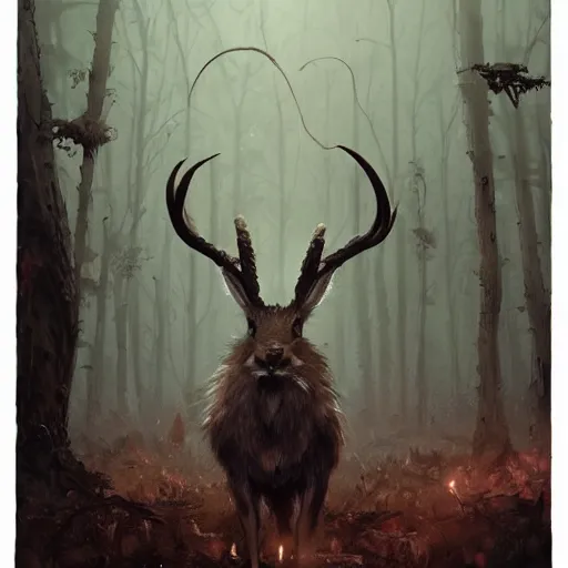 Image similar to a jackalope, jackrabbit with the antlers of a deer bigger than a building. Menacing. Soulless eyes. Monster. Eldritch. By Greg Rutkowski. By Marc Simonetti. C. M. Kosemen. Masterpiece. Award winning artwork. Cgsociety