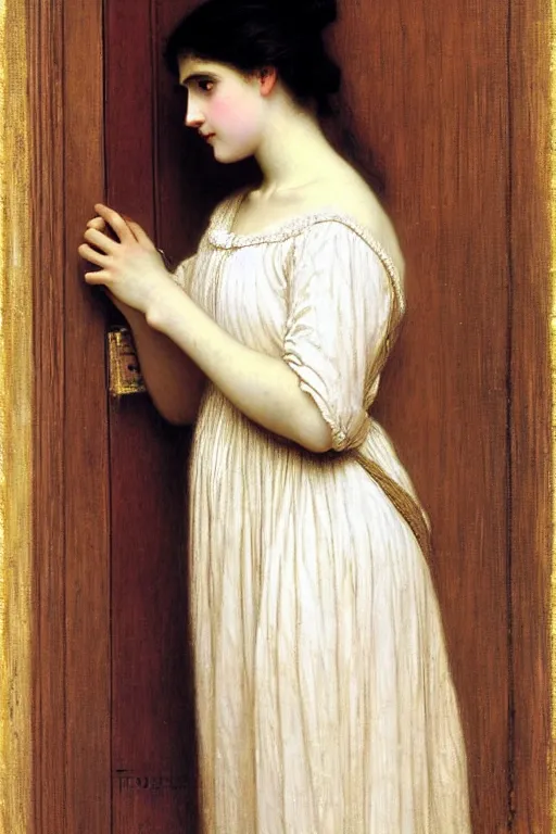 Prompt: girl in thought by auguste toulmouche and bouguereau, perfect detailed eyes, beautiful hands, pale skin, blonde hair, leaning on door