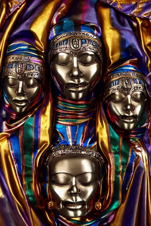 Image similar to chrome carved statue of inca goddess symmetrical three faces, metallic polished sculpture, dressed with a colorful wrapped silk cloak, made by antonio corradini, and dug stanat macabre art, dark surrealism, epic and cinematic view, volummetric light, texturized, detailed, 8 k