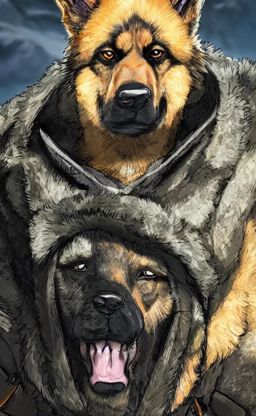 Prompt: close up character portrait icon of the german shepard beast - man military uniform head animal person wearing clothes standing in the mountains, hidari, color page, tankoban, 4 k, tone mapping, akihiko yoshida