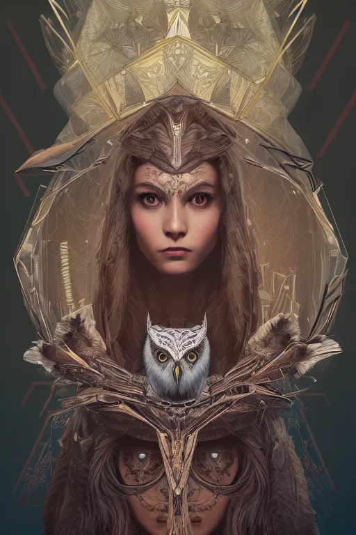 Image similar to symmetry!! portrait of woman with owl features in the style of horizon zero dawn, machine face, intricate, elegant, highly detailed, digital painting, artstation, concept art, smooth, sharp focus, illustration, art by artgerm and greg rutkowski and alphonse mucha, 8 k