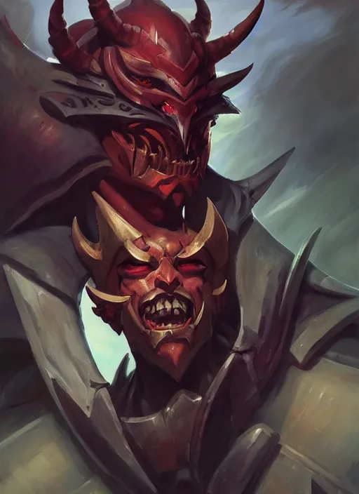 Image similar to Greg Manchess portrait painting of a demonic, devil armored character from league of legends, full shot, asymmetrical, profile picture, Organic Painting, sunny day, Matte Painting, bold shapes, hard edges, street art, trending on artstation, by Huang Guangjian and Gil Elvgren and Sachin Teng