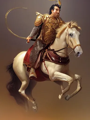 Image similar to a handsome man weaing a silk robe, happy and disarmed, laurels of glory, returns to home triunphantly mounted in a horse. full of pride. victorirous. prideful.. intricate, elegant, highly detailed, digital painting, artstation, concept art, sharp focus, illustration, by justin gerard and artgerm, 8 k