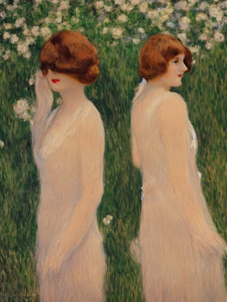 Image similar to portrait of < zelda fitzgerald > as a beautiful young lady wearing 1 9 2 0 s fashion, blurry face, brown hair, slim, fair, severe out of focus, depth of field, pleinairism, in the sun, backlit, closeup, oil on canvas, atr by monet, in the style of le promenade, smooth, impressionnisme, 8 k