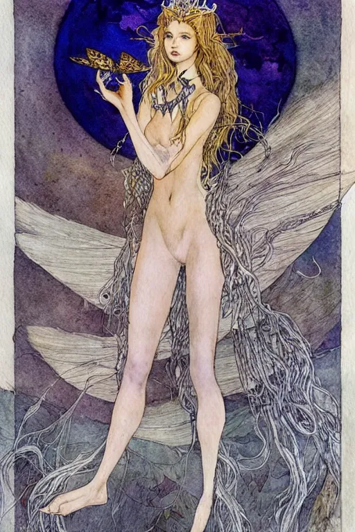 Prompt: moth princess woman howling at the moon with wild hair, art by luis royo and walter crane and kay nielsen, watercolor illustration,