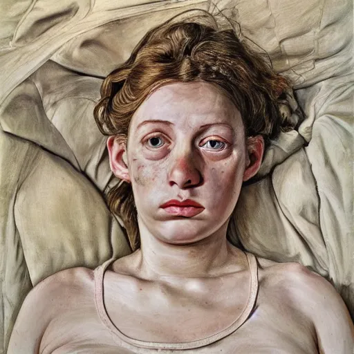 Prompt: high quality high detail painting by lucian freud, hd, exhausted girl portrait, photorealistic lighting