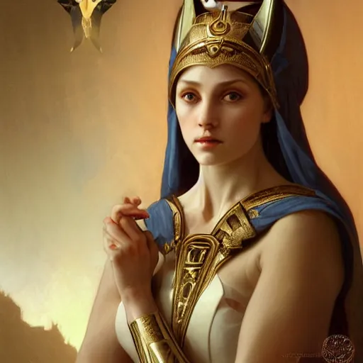 Image similar to queen of stovokor and anubis priest, intricate, elegant, highly detailed, digital painting, artstation, concept art, smooth, sharp focus, illustration, art by artgerm and greg rutkowski and alphonse mucha and william - adolphe bouguereau