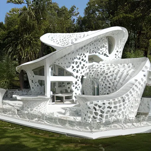 Image similar to evolving fractal, flowing white architectural Villa, futuristic 3D, voronoi pattern of a timber-frame pool pavilion with magnolias on the roof has its own guest entry and distinct areas for cooking, dining, and relaxing, the dining rotunda has a built-in pizza oven and a custom-designed table to accommodate eight to 16 people, the center section of the structure features the kitchen and bar, the lounge rotunda provides a covered seating area located adjacent to the fireplace, the pavilion’s ceiling has a floral motif that mimics a magnolia tree near the pool slide, sun rays through the pavilion structure, lush botanical trees, prairie landscaping, sunrise, golden hour, illuminated pool, fluffy clouds