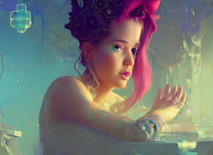 Image similar to wide view picture of a extremely beautiful and aesthetic girl, sitting on the throne, centred position, bright hair, floating greed cubes on the background, lighting eyes, magic circle on the hand, magic and fantasy, highly detailed cute face, specular reflection, occlusion shadow, intricate, masterpiece, by ilya kuvshinov and jeremy lipking and quentin mabille