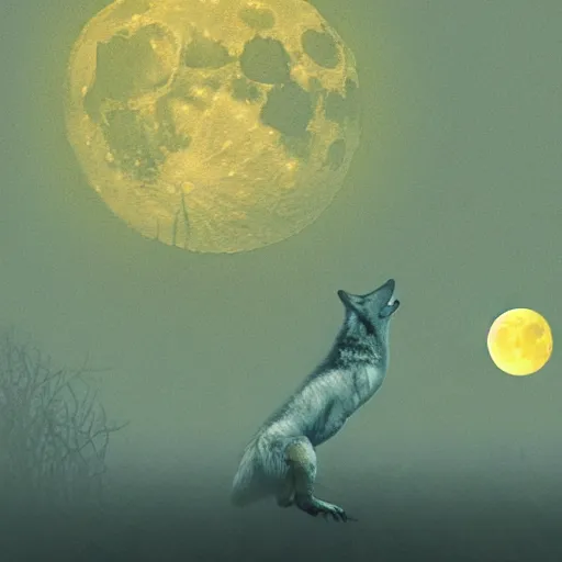 Image similar to photoshop of wolf with reptile scales instead of fur, a crocodile tail replacing the wolve's tail, photorealistic, yellowish moon overlooking misty swamp