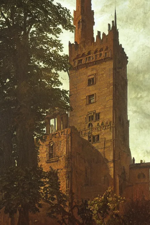 Image similar to view of the old tower and its gardens after a storm, tall windows lit up, beautiful ornamental architecture, dramatic cinematic lighting, rich colors, by Caspar David Friedrich and Diego Rivera and ford madox brown and Nicholas Roerich , smooth, sharp focus, extremely detailed, featured on artstation