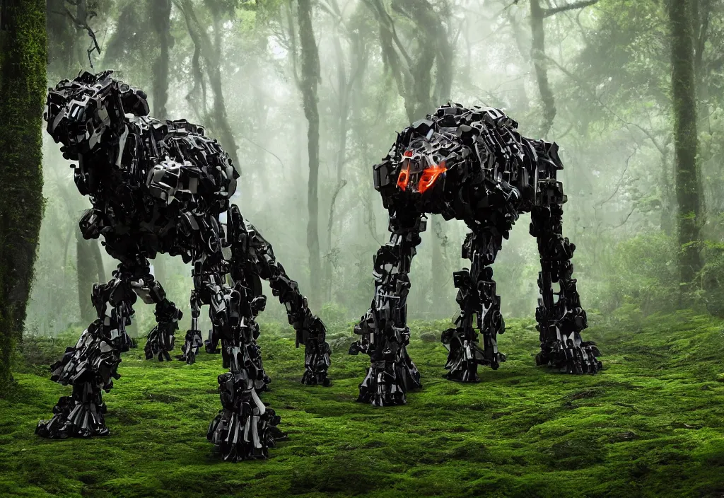 Image similar to quadruped tiger shaped mech, with black synthetic muscles, sinew, clean, simple plastic components, minimalist, product design, modern, in a colourful mossy humid jungle, weta workshop, cinematic, realistic, stylised, unreal engine, hyper realistic, octane render, fog, god rays, bloom,