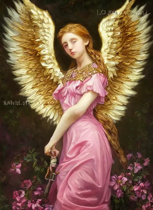 Image similar to full body oil painting of smoking wolf wearing pink shirt, in the style of sophie anderson, angel wings, angelic golden armor, dramatic painting, symmetrical composition, ornate, high detail, gold detailed collar, blooming, lights, flowers,