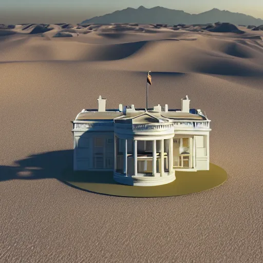 Prompt: photograph of a version of the white house made of solid gold in the middle of the desert, detailed, depth of field, 8 k render