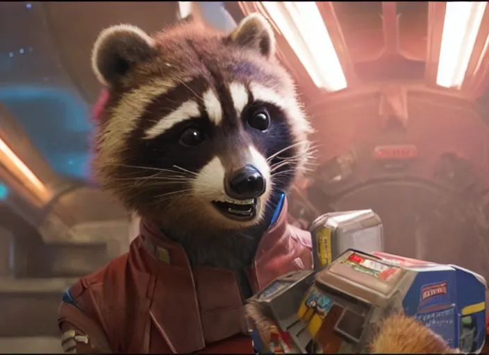 Image similar to film still of Rocket Racoon working in an ice cream truck in the new Guardians of the Galaxy movie, 4k