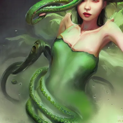 Image similar to A girl in a green dress, with tentacles coming out from underneath the dress, huggy wuggy from poppy playtime video game, fullbody, ultra high detailed, oil painting, Greg Rutkowski, Charlie Bowater, Yuumei, Yanjun Cheng, unreal 5, DAZ, hyperrealistic, octane render, RPG portrait, dynamic lighting, fantasy art, beautiful face