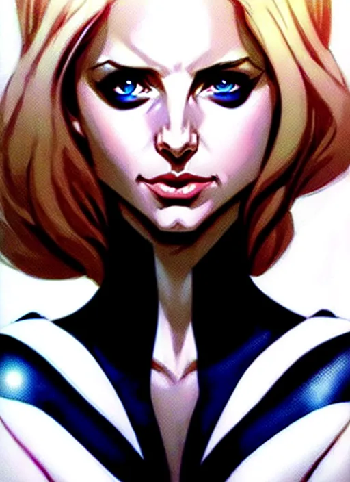 Image similar to artgerm, joshua middleton comic cover art, pretty sarah michelle gellar superhero, asymmetrical black oval spot covering left eye from eyebrow to cheek, left eye only, very pale white skin, no spot right eye, white around right eye