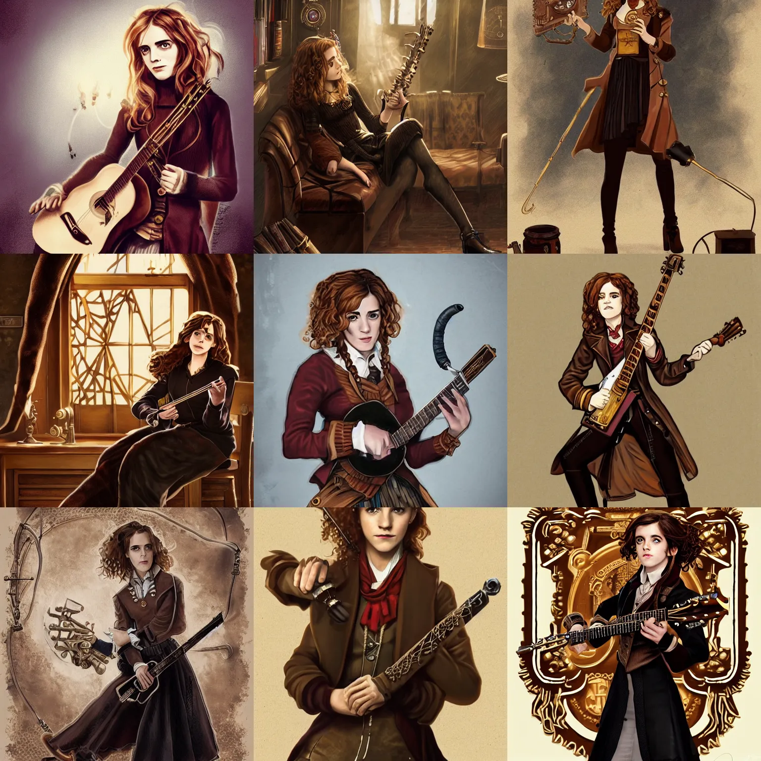 Prompt: Steampunk Hermione Granger/Emma Watson wearing a black sweater, playing a guitar, in the Gryffindor common room, steampunk art, trending on ArtStation