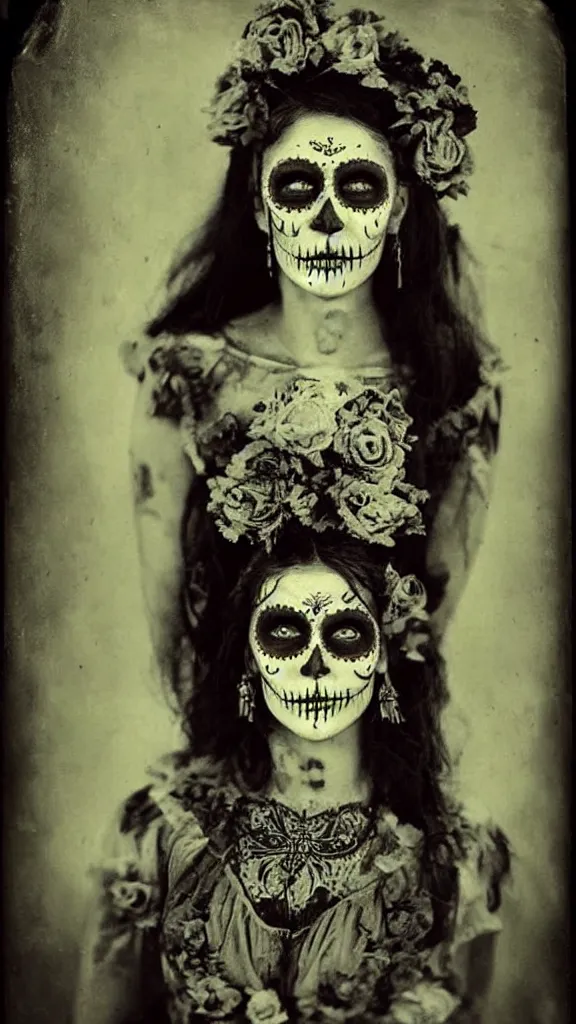 Prompt: tintype full body view, girl in dia de muertos dress and make up, horrific beautiful vibe, evocative, atmospheric lighting, painted, intricate, highly detailed,