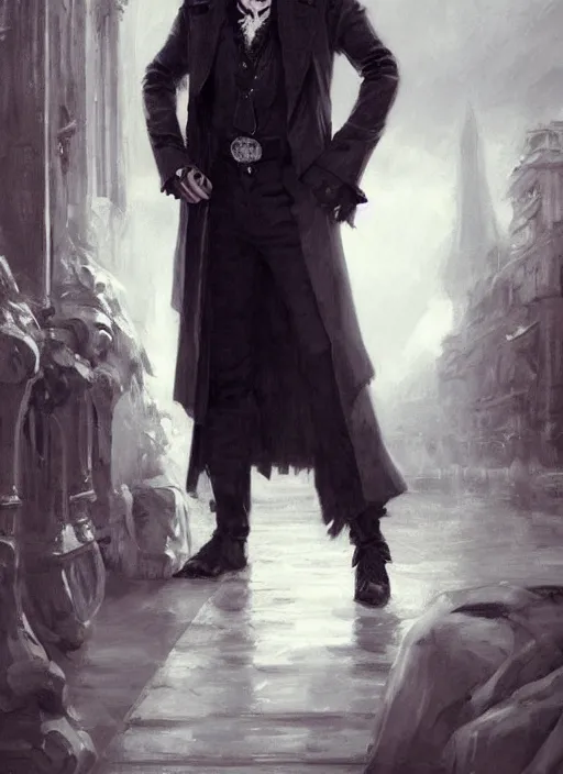 Image similar to portrait painting of the vampire lestat, paris! floating, muscular male, long hair! long coat, elegant rugged handsome unreal render cinematic lighting art 1 8 9 0 period drama by bussiere rutkowski andreas rocha