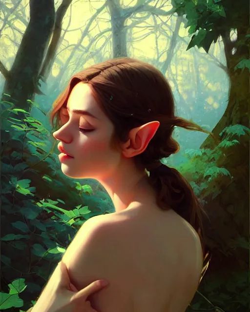 Prompt: stylized portrait of an artistic pose, composition, young elf nymph surrounded by nature, realistic shaded, fine details, realistic shaded lighting poster by ilya kuvshinov, magali villeneuve, artgerm, jeremy lipkin and michael garmash and rob rey