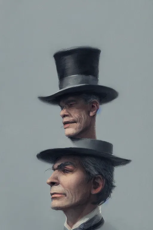 Image similar to a grey hair halfling stubble top hat and suit by Greg Rutkowski, painting, portrait, HD, high details, trending on artstation